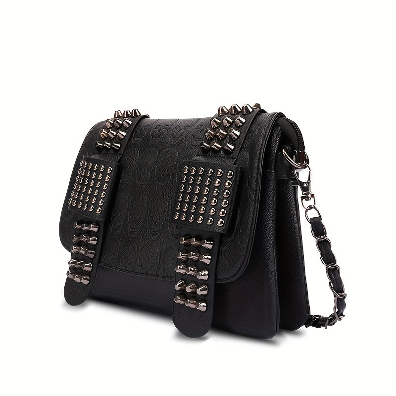 Black alternative darkwave studded crossbody bag women full outfit view pyramid studs front flap