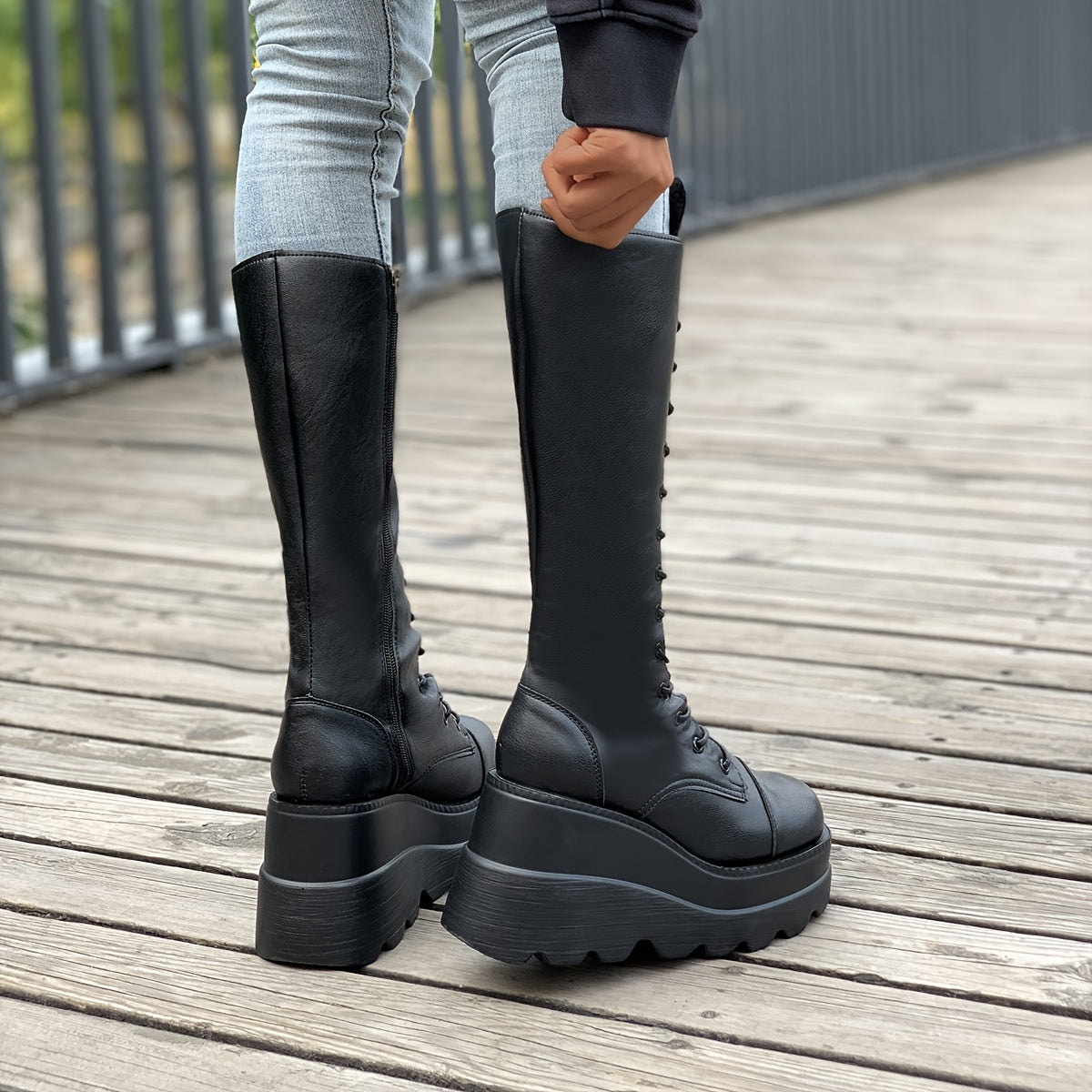 Black knee high platform boots alternative fashion women side view full lace up shaft and thick sole