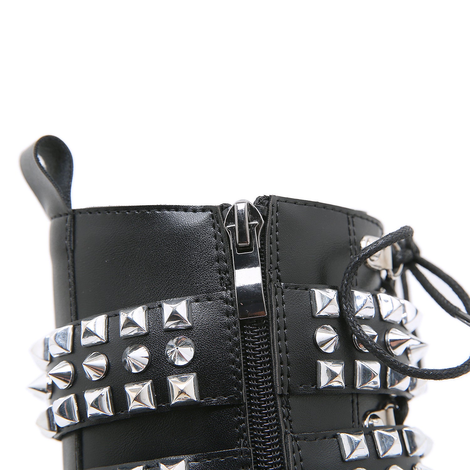 Black studded mid calf boots alternative darkwear women back view rivet bands and platform heel