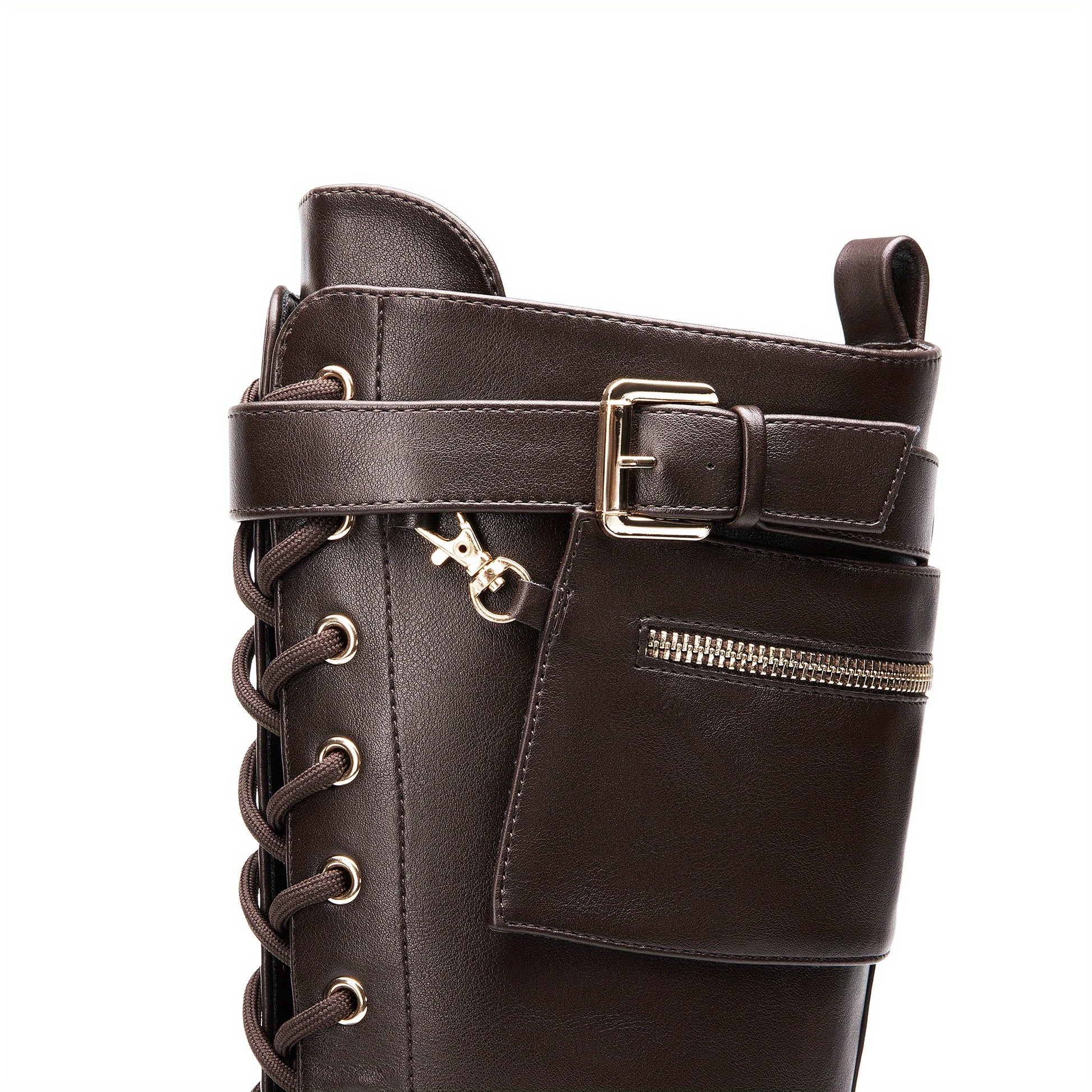 Alternative darkwave knee high boots women buckle strap side zipper and chunky lug sole with pocket