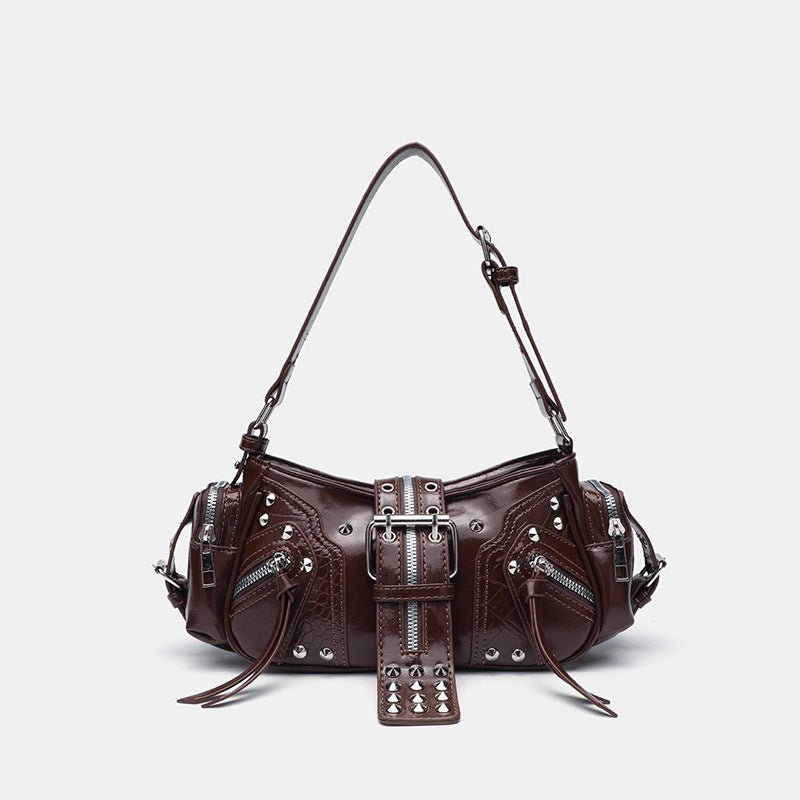 Buckle harness shoulder bag in black PU leather with decorative buckle strap detailing from Alternative Darkwear