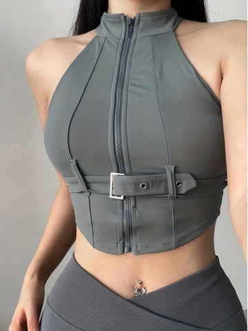 Motorrad-Stil Sport-BH für Frauen | Stoßfest, Reißverschluss, hochelastischer Stoff, einfarbig, Westenausschnitt, sexy Taillengürtel, Yoga-Weste Oberbekleidung, Fitness-BH