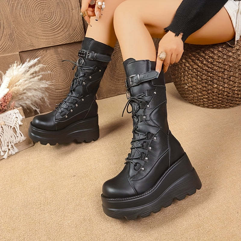 Black lace up platform boots alternative darkwave fashion women chunky sole and multi buckle strap angled view
