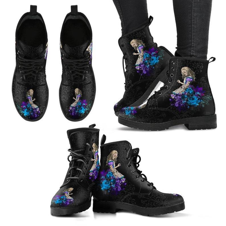 Dark fantasy combat boots alternative fashion women Purple Orchid Alice colorway side profile view