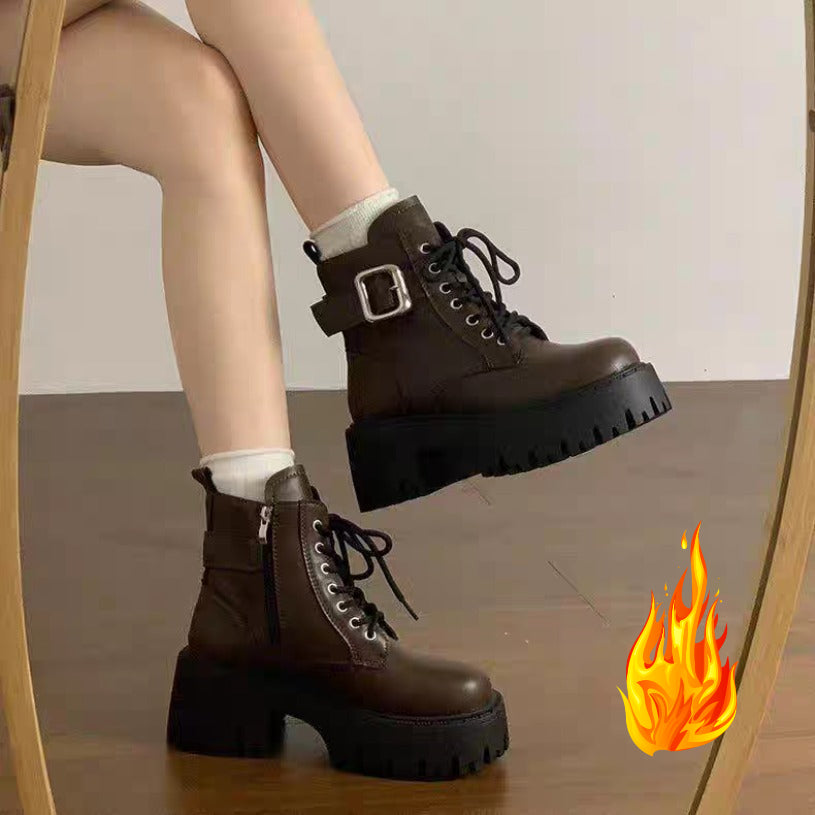 Black Boot with lace-up, zipper and buckle strap, chunky sole
