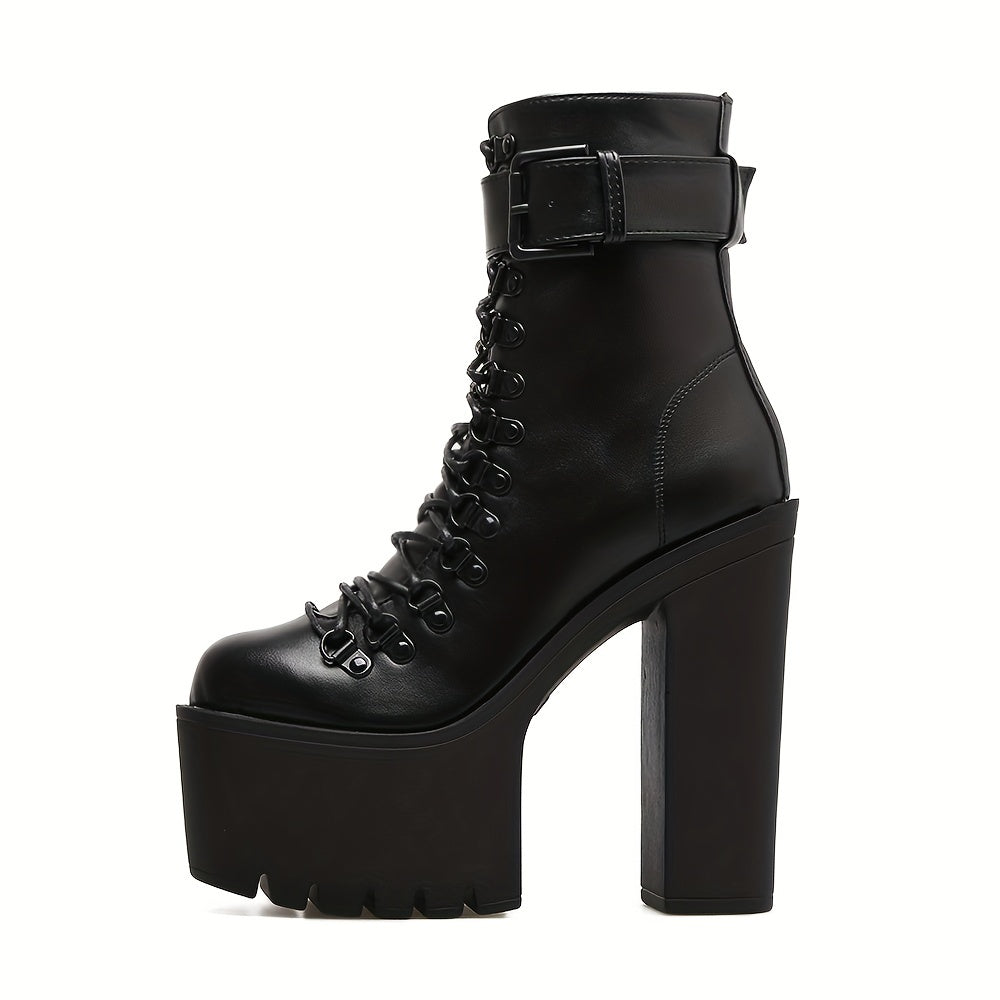Black buckle strap platform boots darkwear fashion women chunky block heel lace up front view