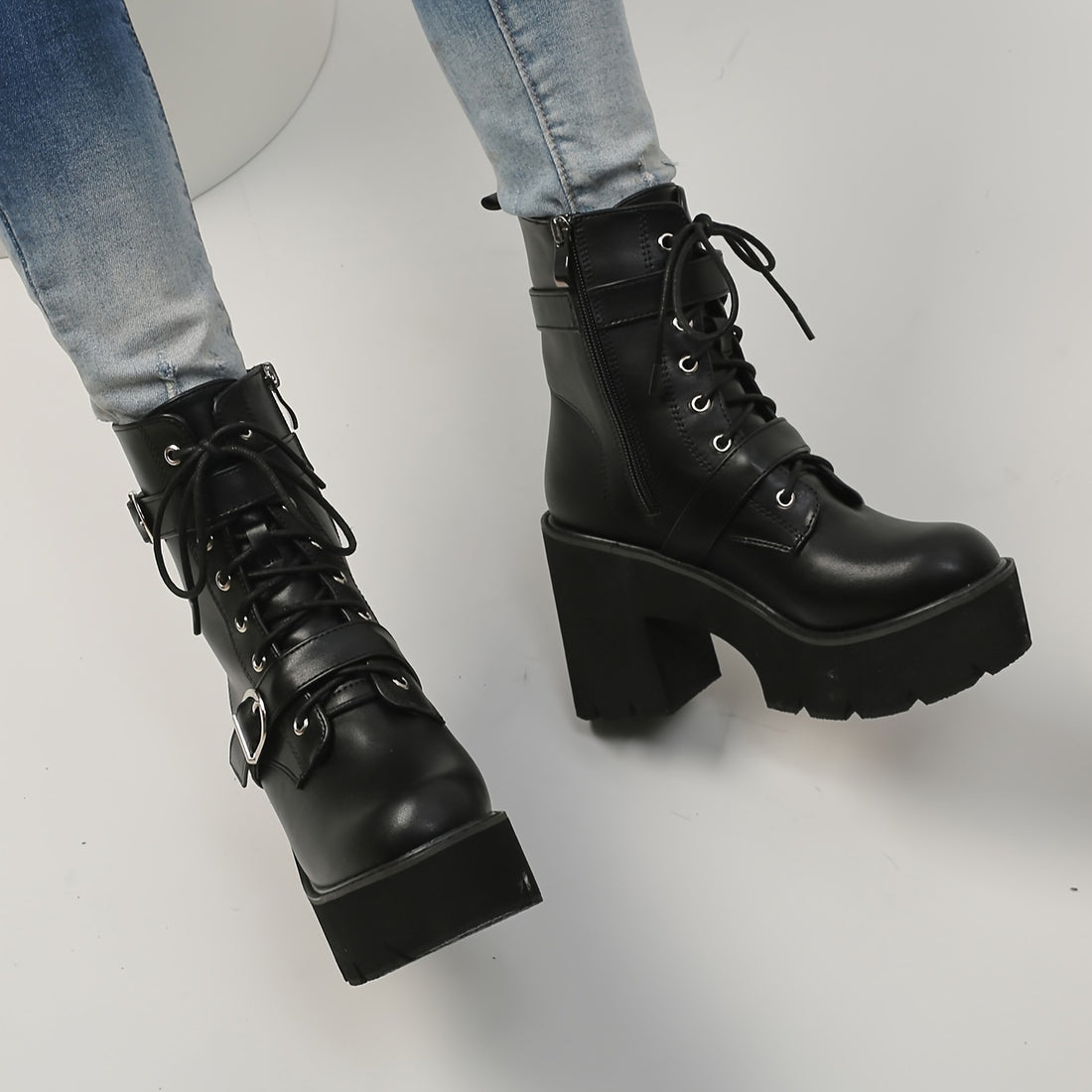 Black chunky block heel ankle boots darkwear fashion women lace up front platform sole side profile