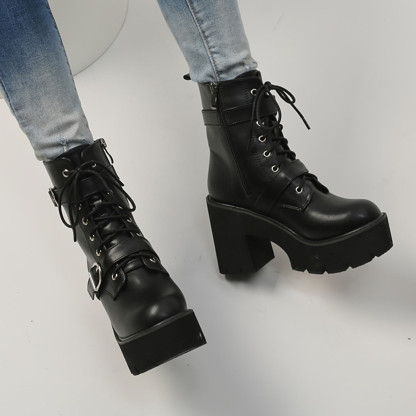 Black lace up platform ankle boots alternative fashion women chunky block heel angled front view