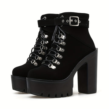 Black velvet alternative darkwave ankle boots women chunky block heel D-ring lace up buckle strap pair view