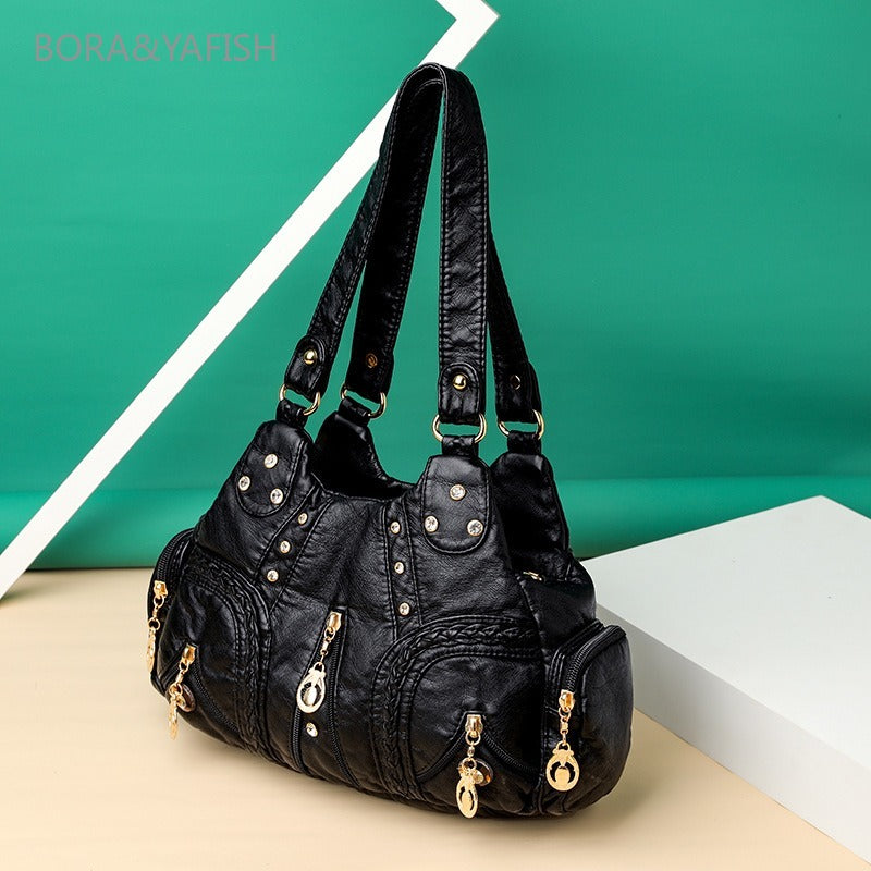 Black darkwear fashion hobo shoulder bag women gold hardware zip pockets ring