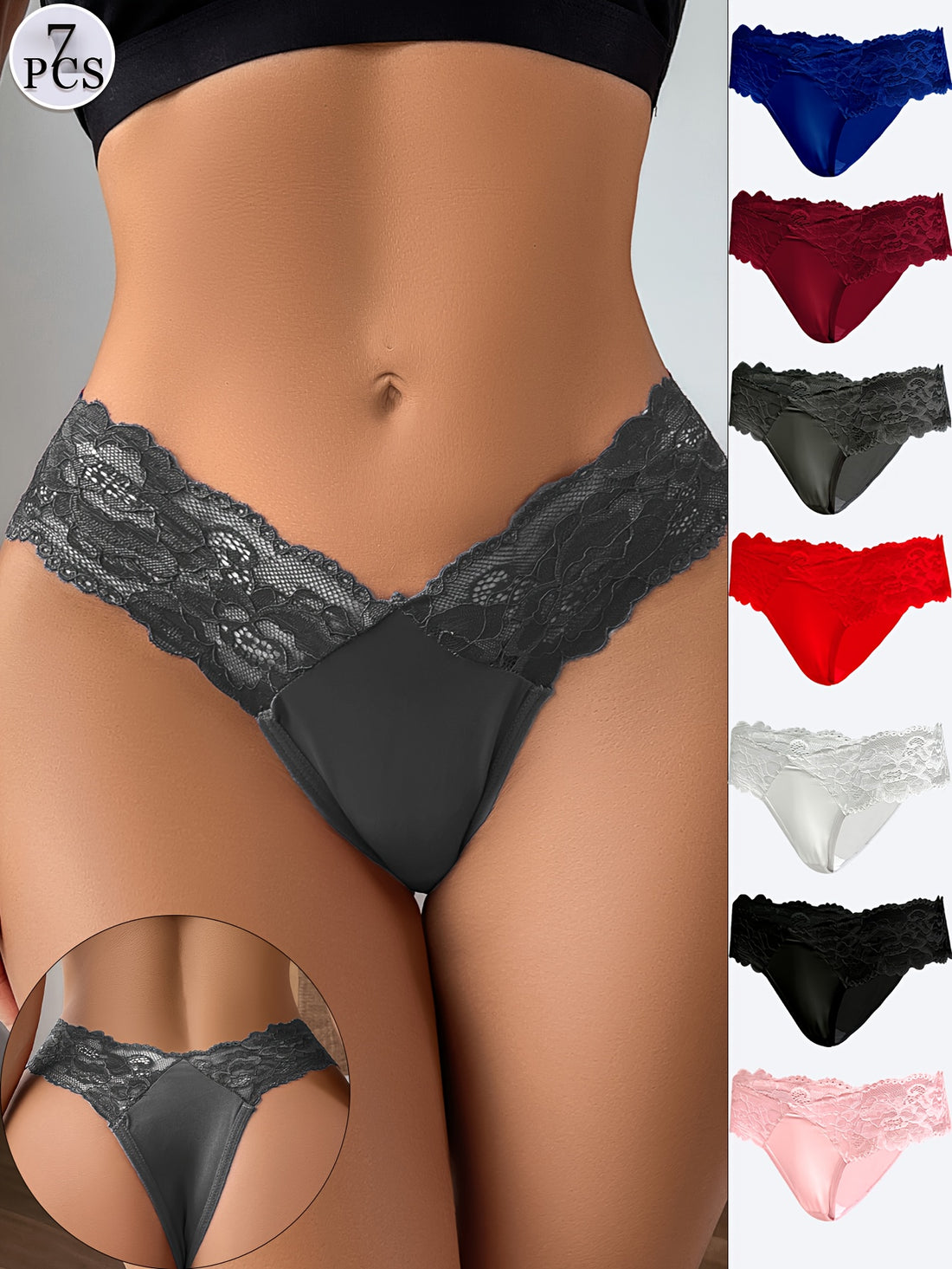 7-Pack Lace Thong Set | Mixed Colors | Semi-Sheer | Alternative Darkwear