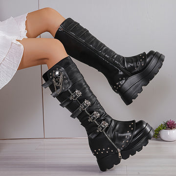 Black mid calf platform boots alternative fashion women buckle strap column side view chunky sole