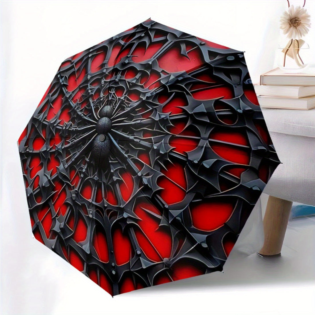 Black and red Spiderweb umbrella with intricate alternative darkwave design