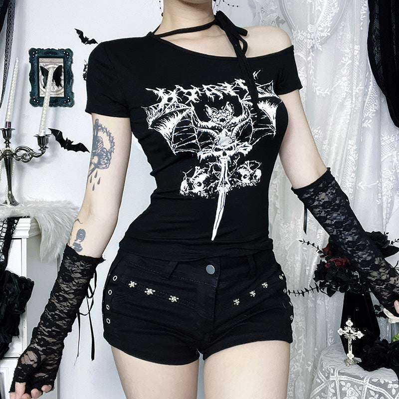 Gothic schulterfreies Print-Top | Schmal geschnittener Strick mit kurzen Ärmeln | Darkwear