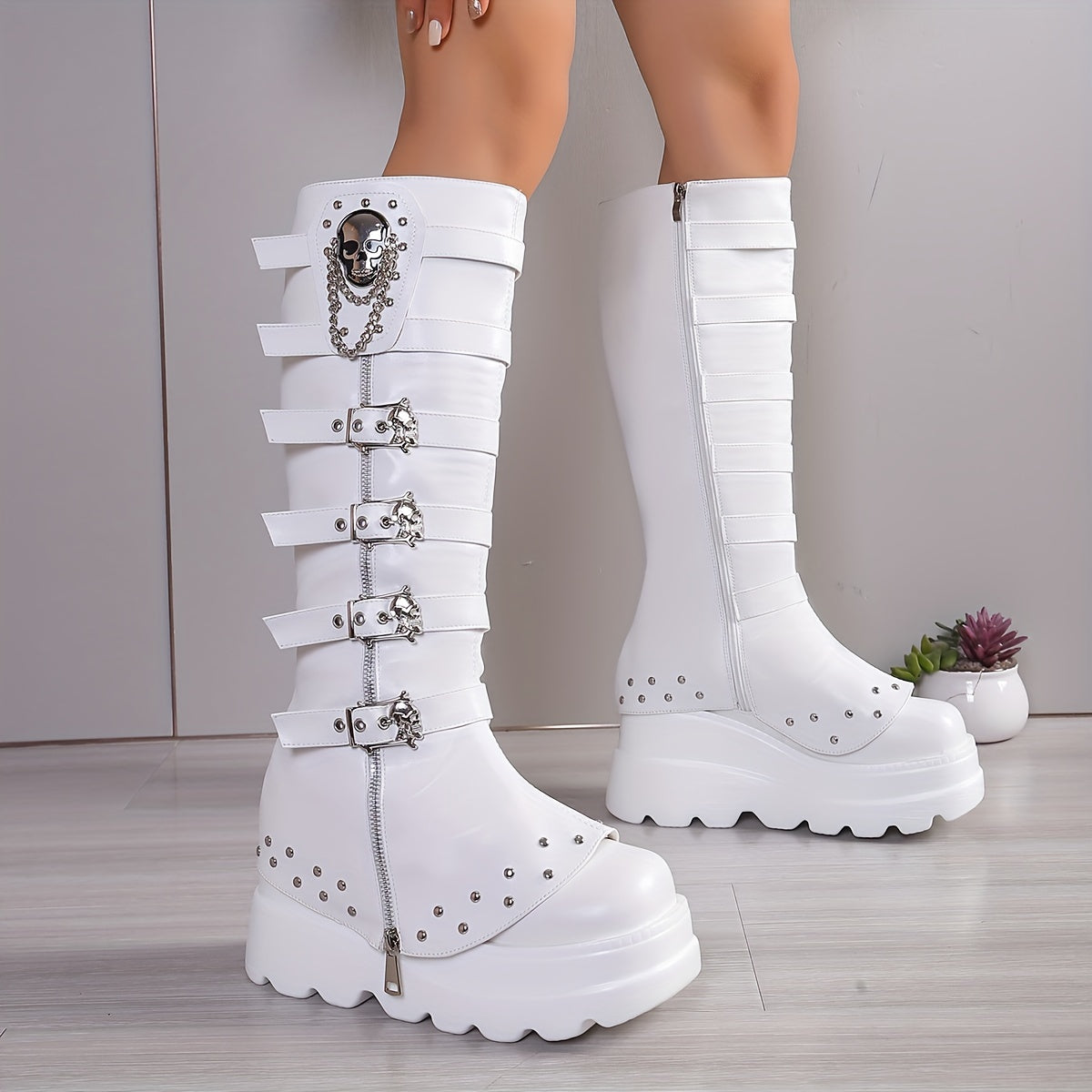 White buckle strap platform boots darkwear fashion women angled view lug sole and shaft