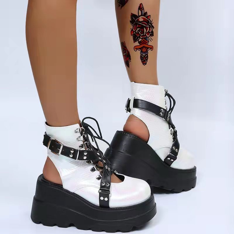White open toe platform boots darkwave fashion women harness buckle strap lace up front view
