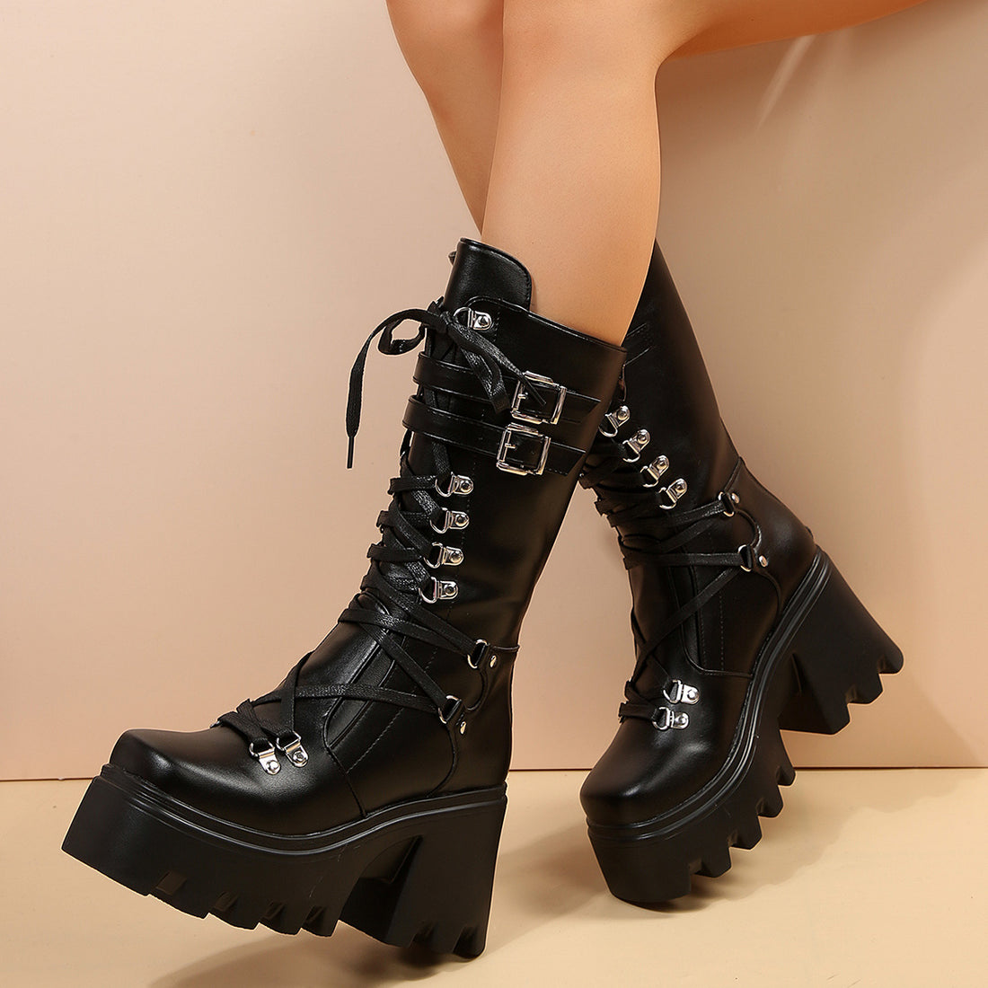 Matte black alternative darkwave knee high platform boots women bat buckle strap lace up front full view