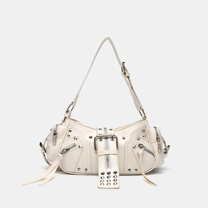 Buckle harness shoulder bag in milky white PU leather from Alternative Darkwear