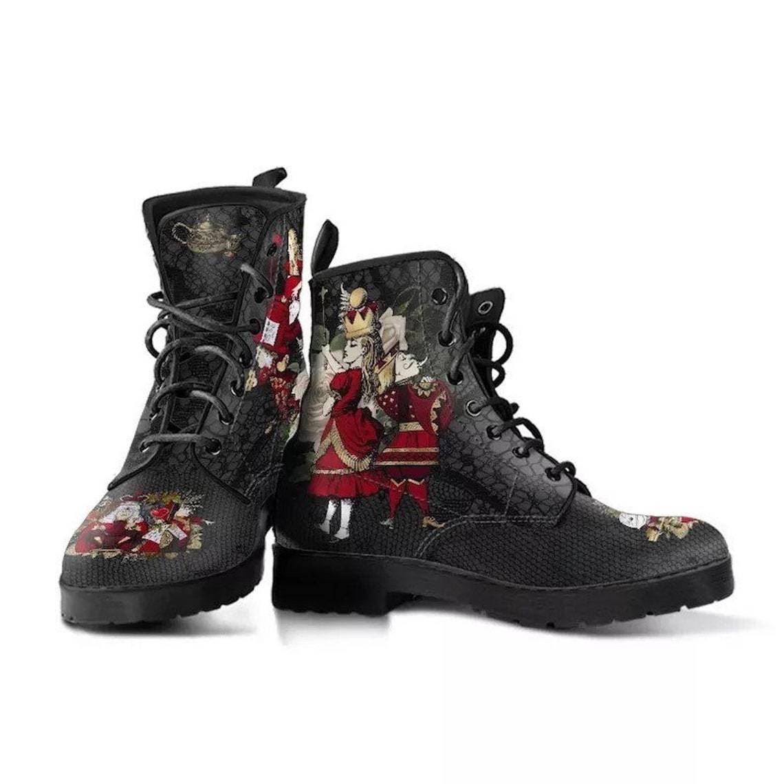 Red Rabbit print lace up boots darkwear fashion women close up rose and clock face illustration detail