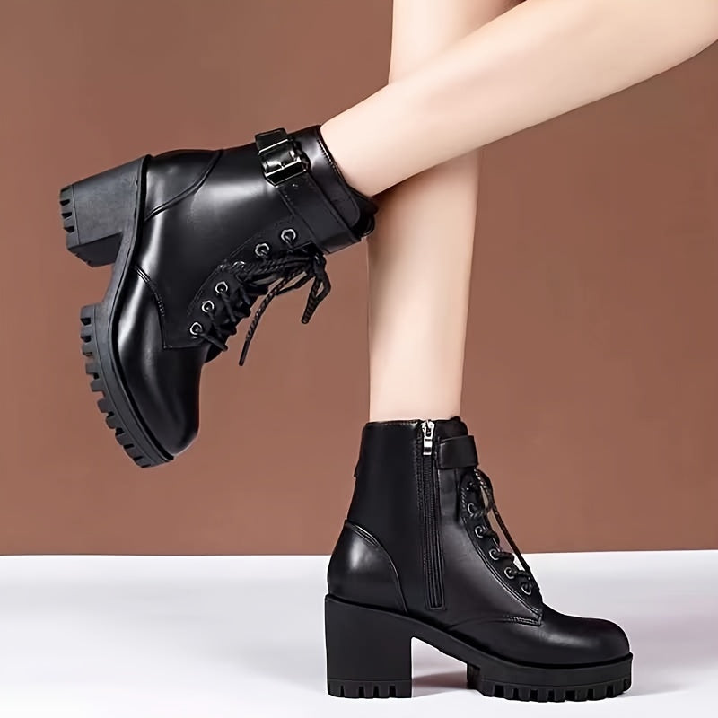 Alternative darkwave ankle boots women black PU leather lace up front and chunky block heel side profile