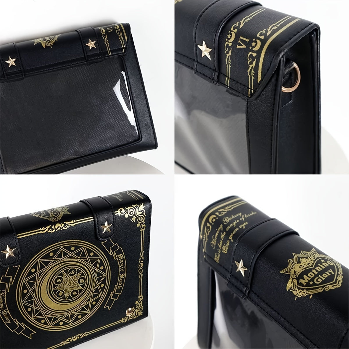 Black Gothic spellbook crossbody bag in black faux leather with celestial moon embossing and gold occult detailing from Alternative Darkwear