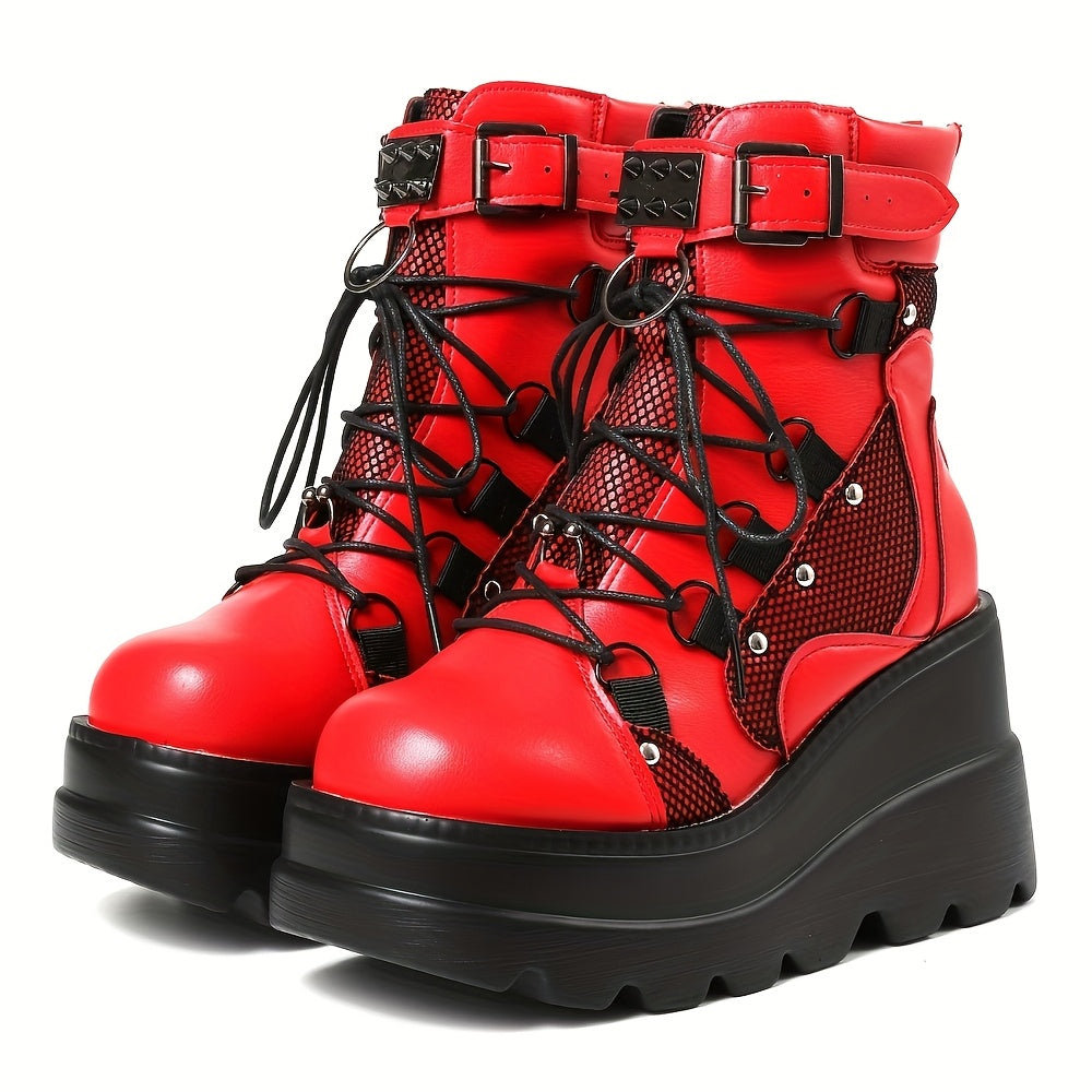 Red platform wedge combat boots alternative darkwear fashion women lace up and wedge sole angled view