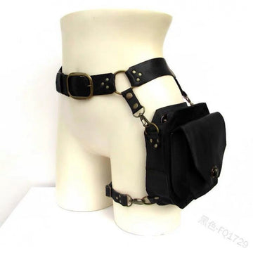 Black leather leg holster harness bag showing dual pouch design and buckle closures from Alternative Darkwear
