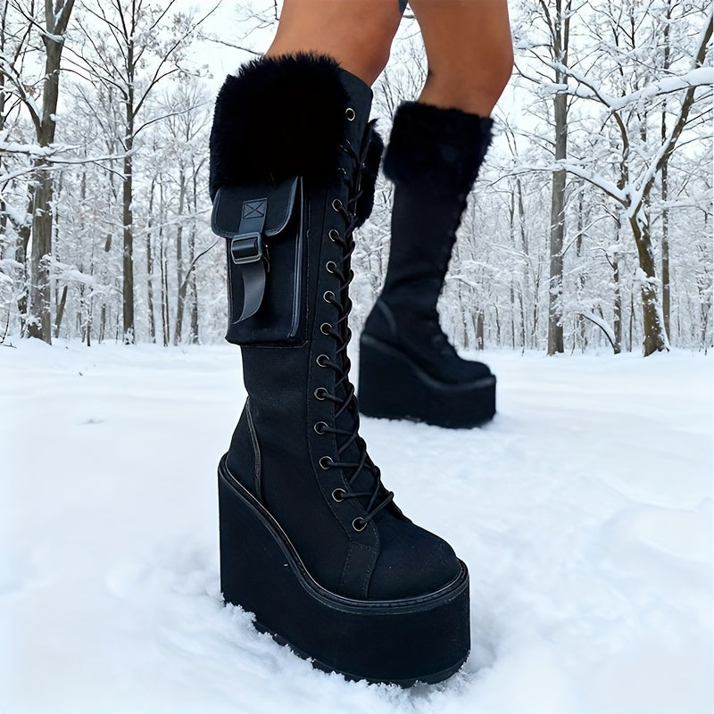 Black knee high faux fur boots darkwear fashion women front facing pair view chunky wedge platform
