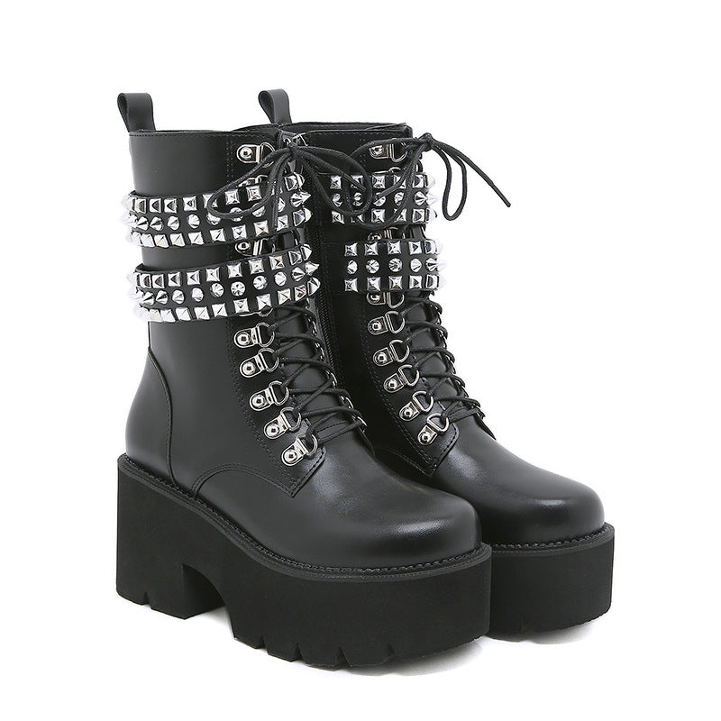 Black studded mid calf boots alternative fashion women full front view rivet strap platform sole