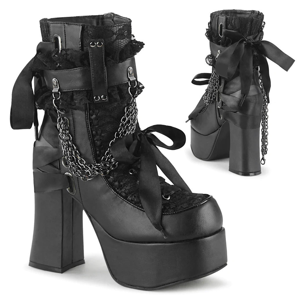 Black platform ankle boots darkwave fashion women chunky heel bow buckle chain detail front view