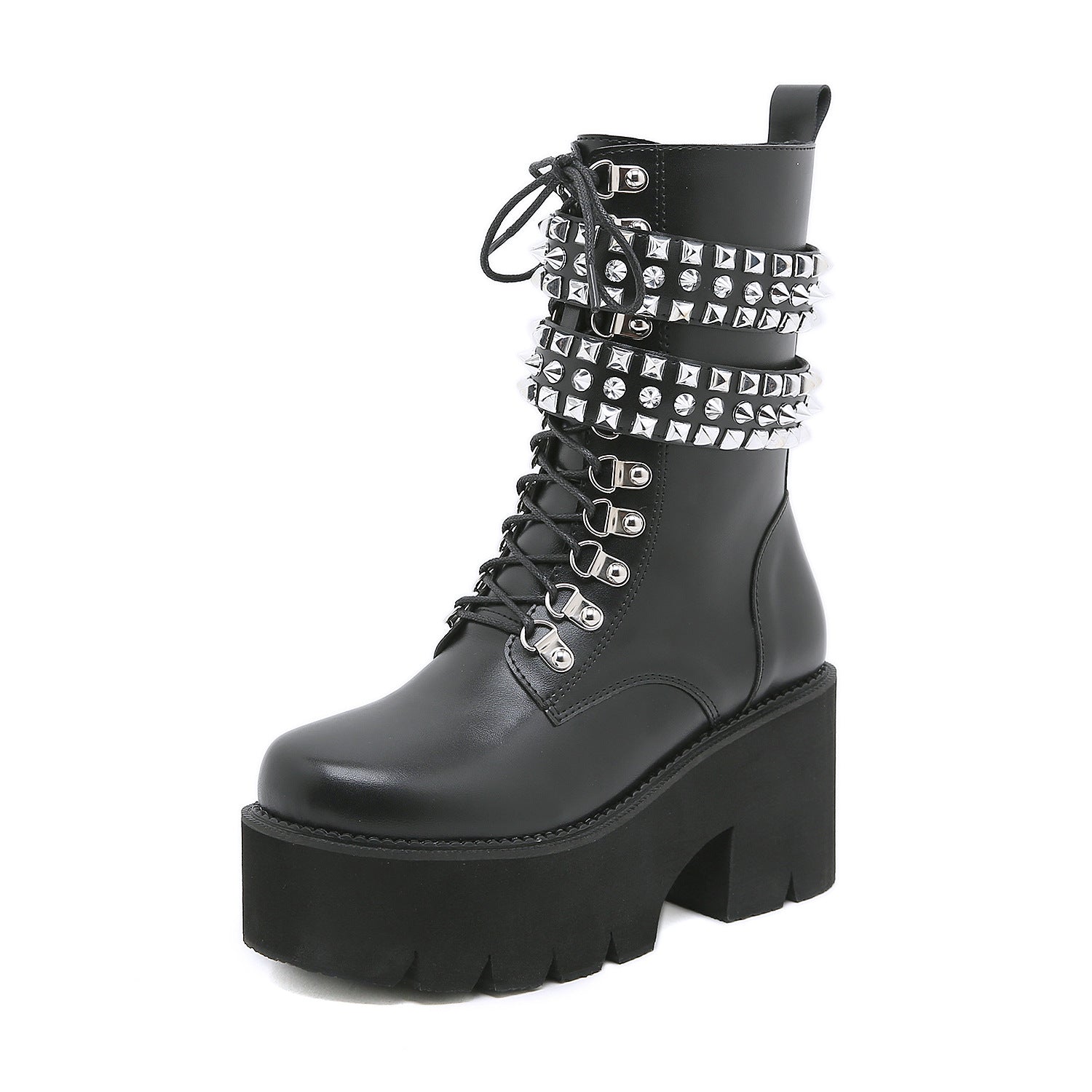Black mid calf platform boots alternative fashion women lower strap and sole close up