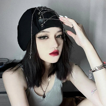 Gothic Lolita Punk Cross Chain Hat | Women | Black