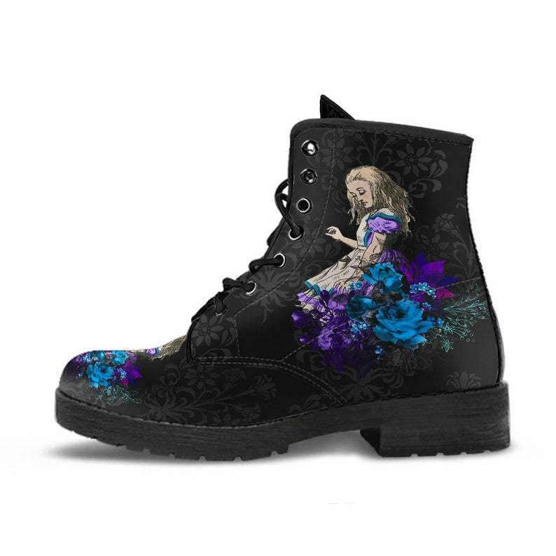 Purple Orchid Alice print combat boots alternative darkwear women angled view violet teal illustration