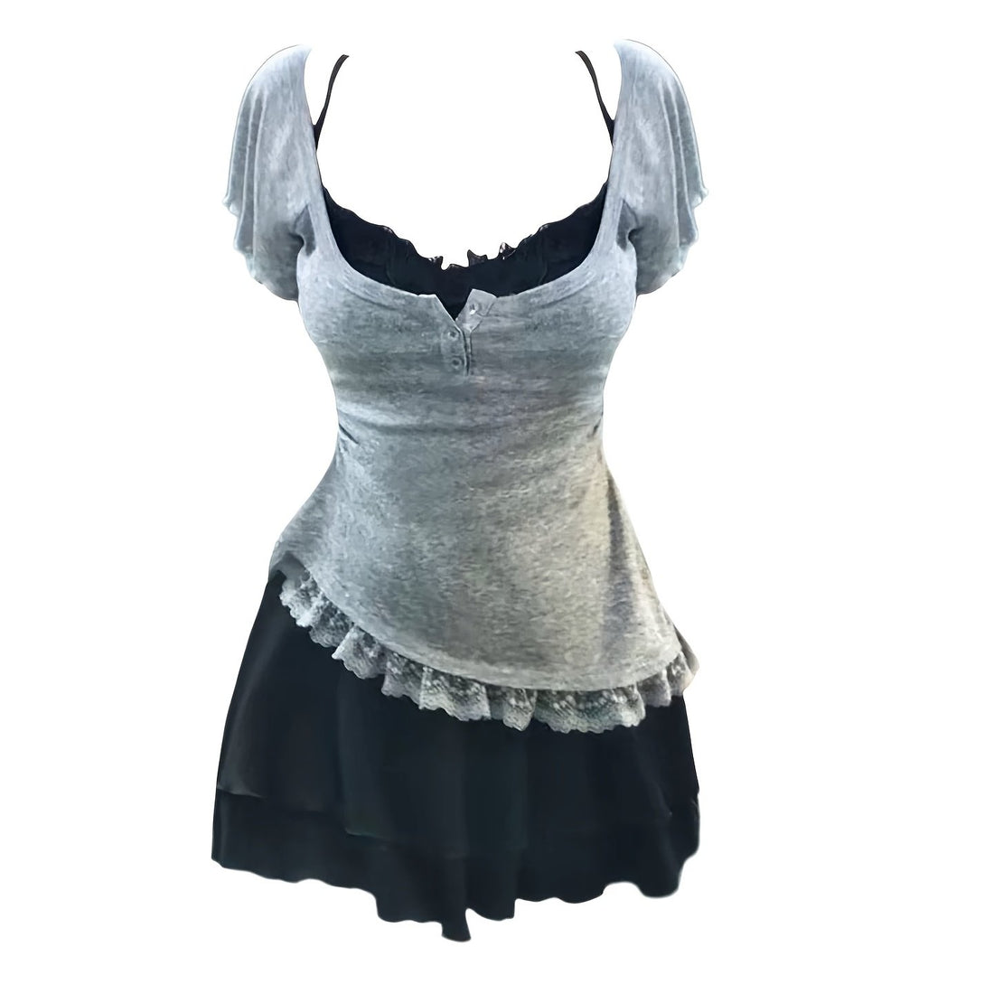Ready for the Lace trim two-piece set in black with flutter sleeve blouse and tiered mini skirt from Alternative Darkwear