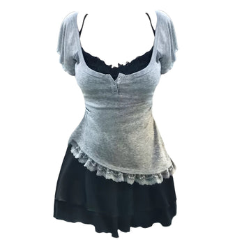 Ready for the Lace trim two-piece set in black with flutter sleeve blouse and tiered mini skirt from Alternative Darkwear