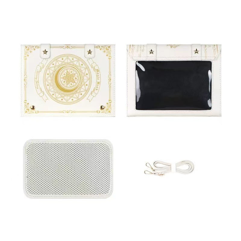 Gothic spellbook bag in white faux leather with celestial moon embossing and gold occult detailing from Alternative Darkwear