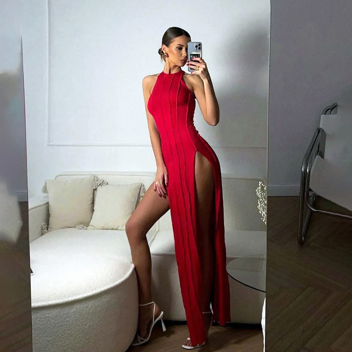 Alternative darkwear hand crochet vest dress — red high waist double slit slim fit