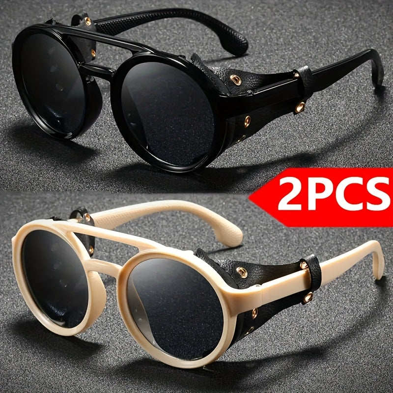 Alternative darkwear vintage round goggle sunglasses — black frame white lens steampunk style