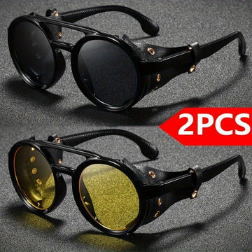 Alternative darkwear vintage round goggle sunglasses — black frame yellow tinted lens steampunk style