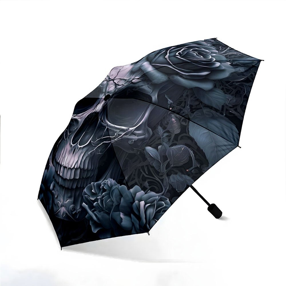 Close-up of alternative darkwear skull rose umbrella canopy — dark vines and gothic floral pattern