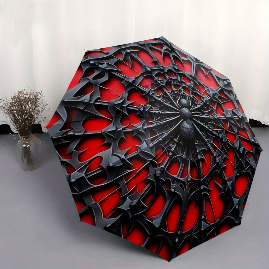 Black and red Spiderweb umbrella with intricate alternative darkwave design