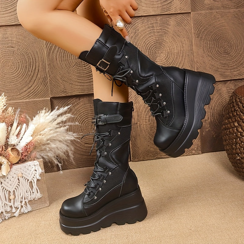 Black lace up platform boots alternative  darkwave fashion women chunky sole and multi buckle strap angled view