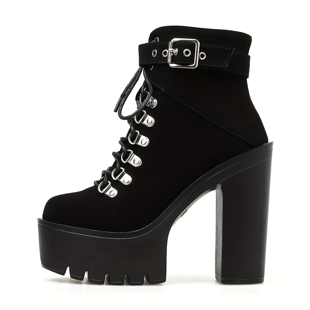 Black velvet alternative darkwave boots women silver D-ring eyelets and chunky block heel side profile