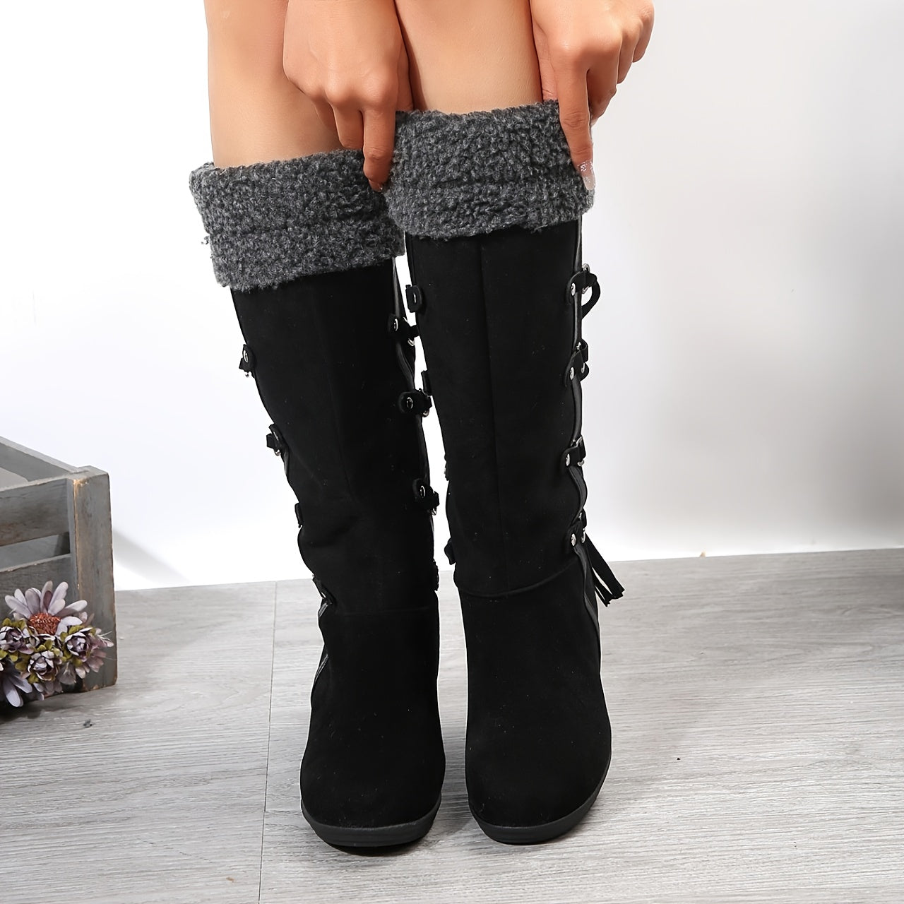 Black warm wedge boots darkwave fashion women side view knit cuff and hidden wedge heel