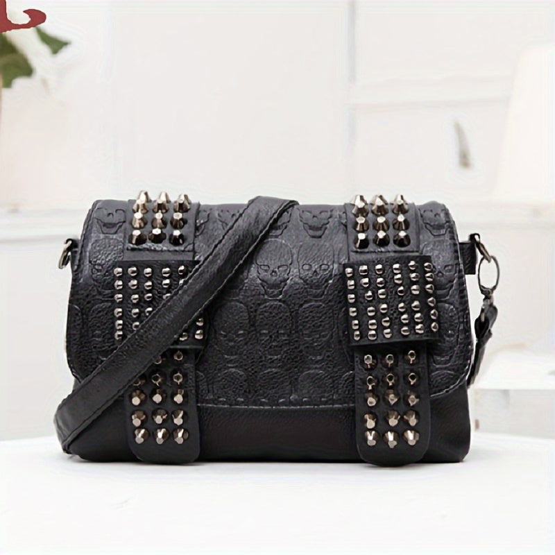 Black darkwave crossbody bag women silver hardware clasp and pyramid stud rows side view