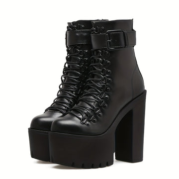 Black buckle strap platform boots darkwear fashion women chunky block heel lace up front view