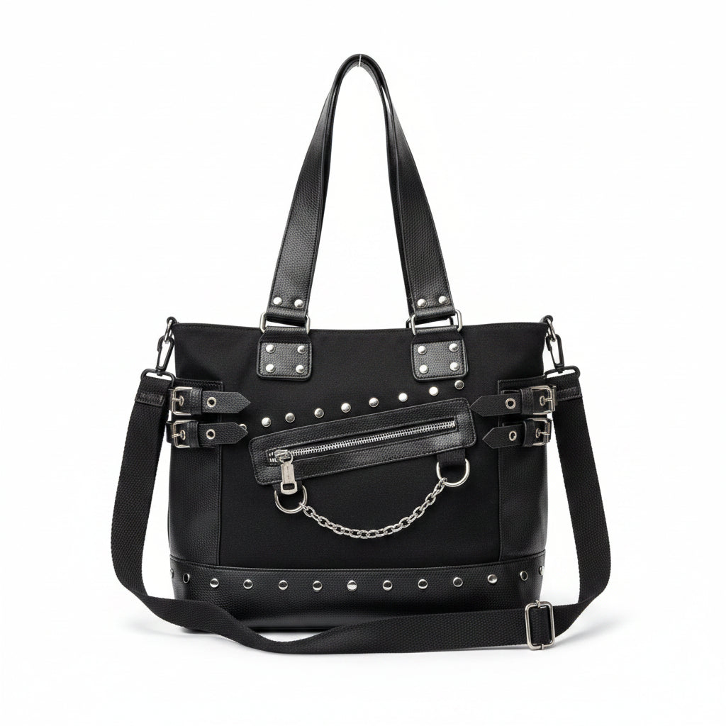 Large studded chain tote bag in black PU leather with rivet hardware and dual top handles from Alternative Darkwear