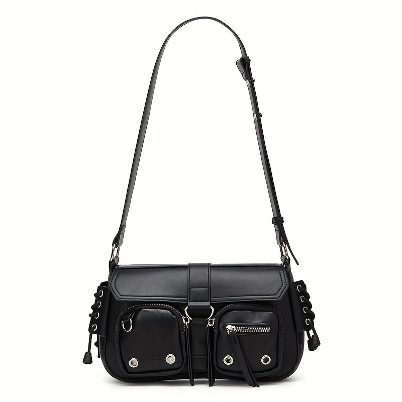 Moto multi-pocket shoulder bag in black PU leather with grommet hardware and D-ring detailing from Alternative Darkwear
