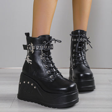 Black wedge platform boots darkwear fashion women full front view chain lace up and buckle strap