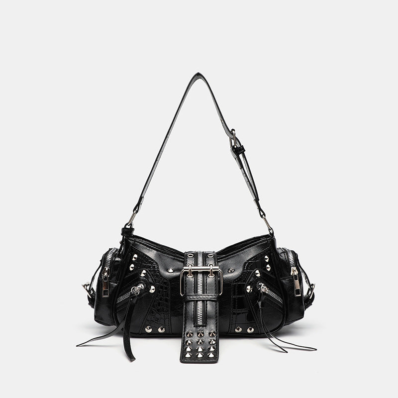 Buckle harness shoulder bag in black PU leather with decorative buckle strap detailing from Alternative Darkwear